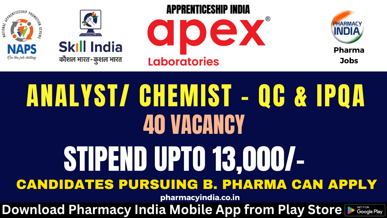 Apprentice Training for B. Pharma/ M. Sc as a Analyst/ Chemist QC & IPQA (40 Posts) at Apex Laboratories Pvt Ltd – Apply Now