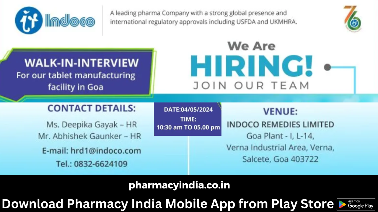 Walk-In Interview for B. Pharma/ M. Pharma/ M. Sc for Production/ Packing at Indoco Remedies Ltd – 4th May 2024