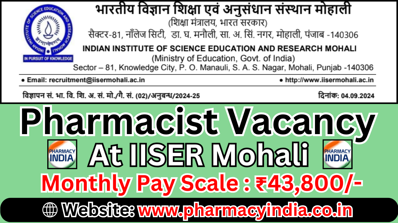 Pharmacist Vacancy at Indian Institute of Science Education and Research Mohali