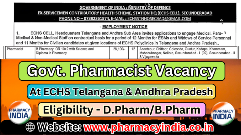 ECHS Telangana & AP Jobs 2024: 12 Pharmacist Vacancies, D.Pharm/B.Pharm Eligibility