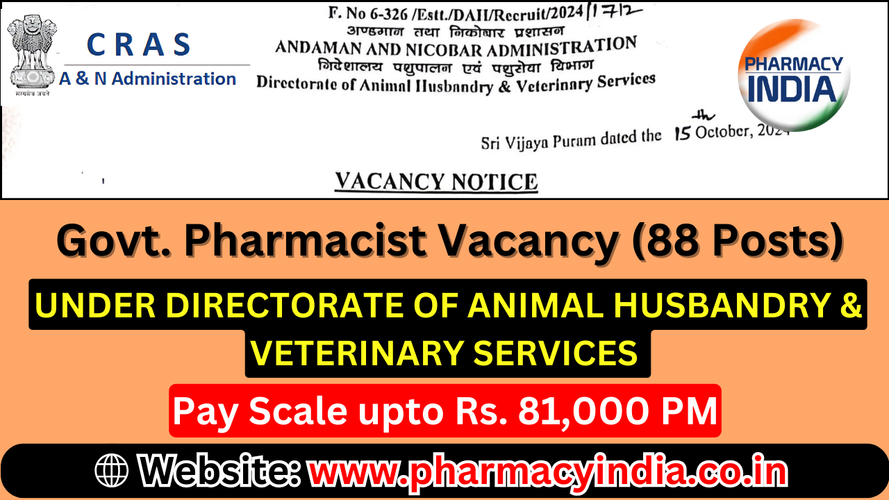 Govt Pharmacist Vacancy 88 Posts Veterinary Compounder Diploma in Veterinary Pharmacy