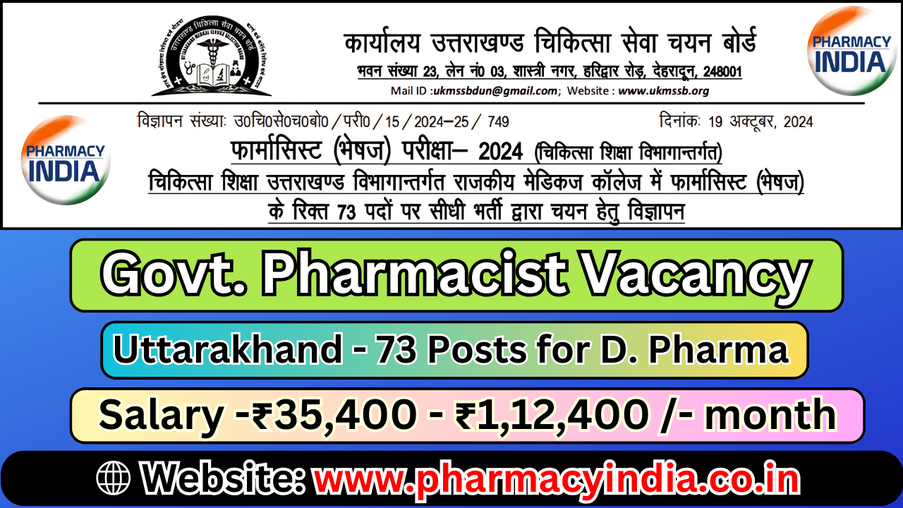 Uttarakhand Govt Pharmacist Jobs 73 Posts for D Pharma (UKMSSB)