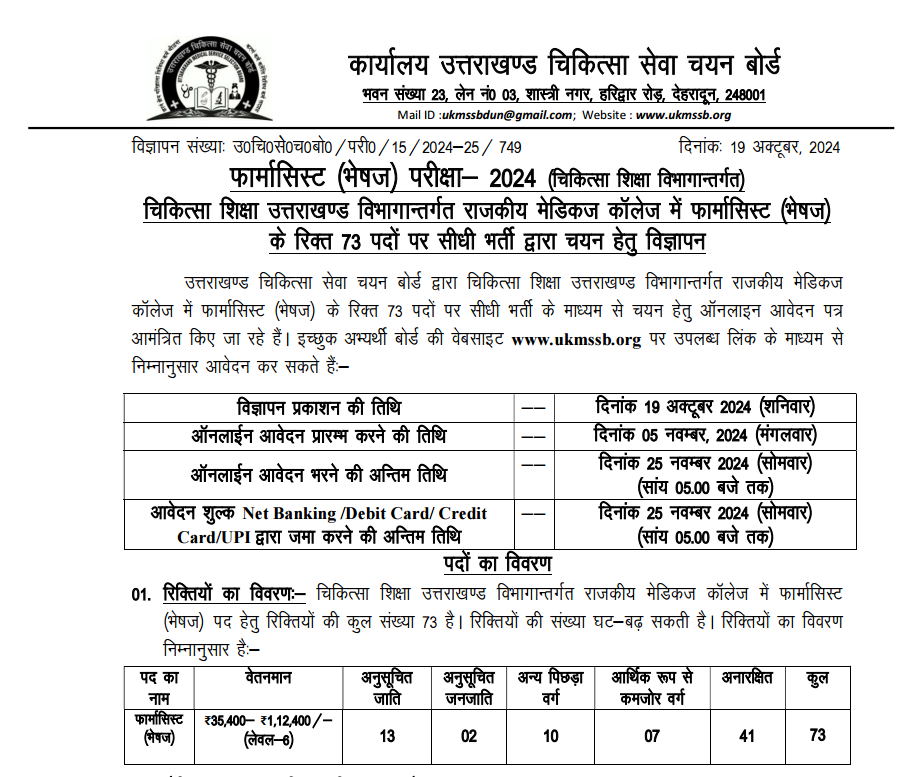 Uttarakhand Govt Pharmacist Jobs 73 Posts for D Pharma