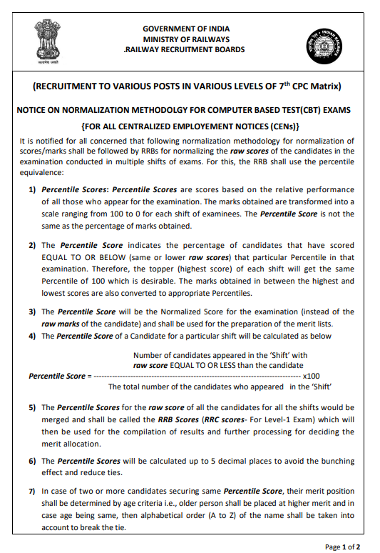 RRB Notice on Normalization Methodology for CBT Exams