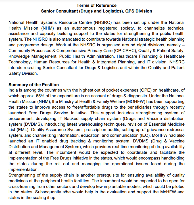 Senior Consultant Drugs and Logistics QPS Division