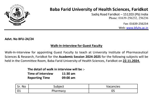 Walk-In Interview for Pharmacy Guest Faculty at BFUHS – 22 Nov 2024