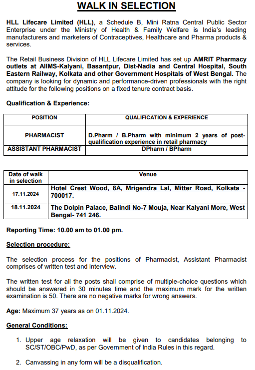 Walk-in Selection for Pharmacist & Assistant Pharmacist at HLL