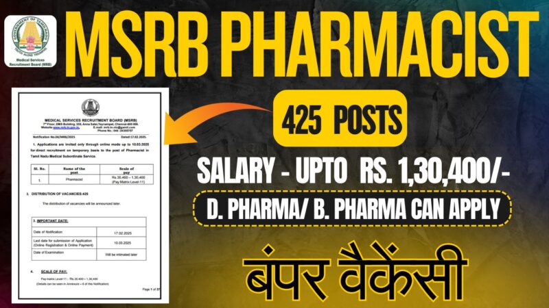 Tamil Nadu Govt Pharmacist Recruitment 2025 – Apply Online for 425 Vacancies