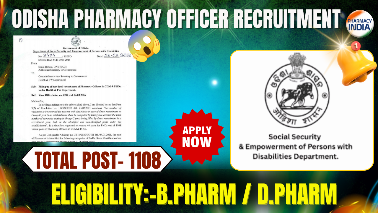 Odisha Pharmacy Officer Recruitment 2026: 1108 Vacancies in Health & FW Department