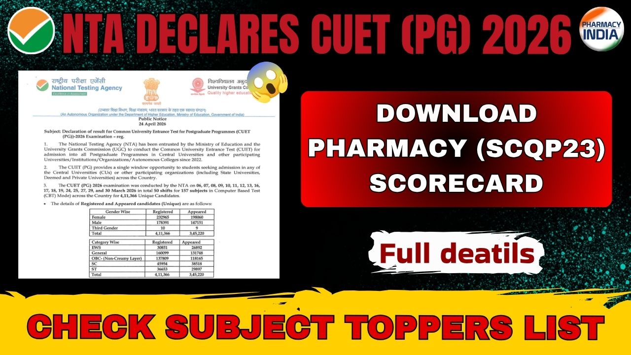 NTA Declares CUET (PG) 2026 Results: Download Pharmacy (SCQP23) Scorecard & Check Subject Toppers List