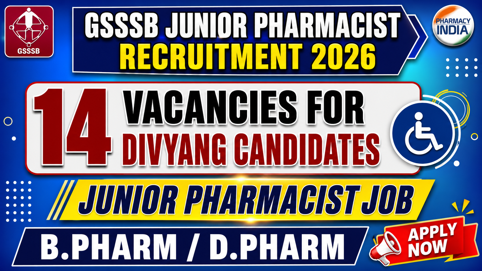 GSSSB Junior Pharmacist Recruitment 2026: 14 Vacancies for Divyang Candidates