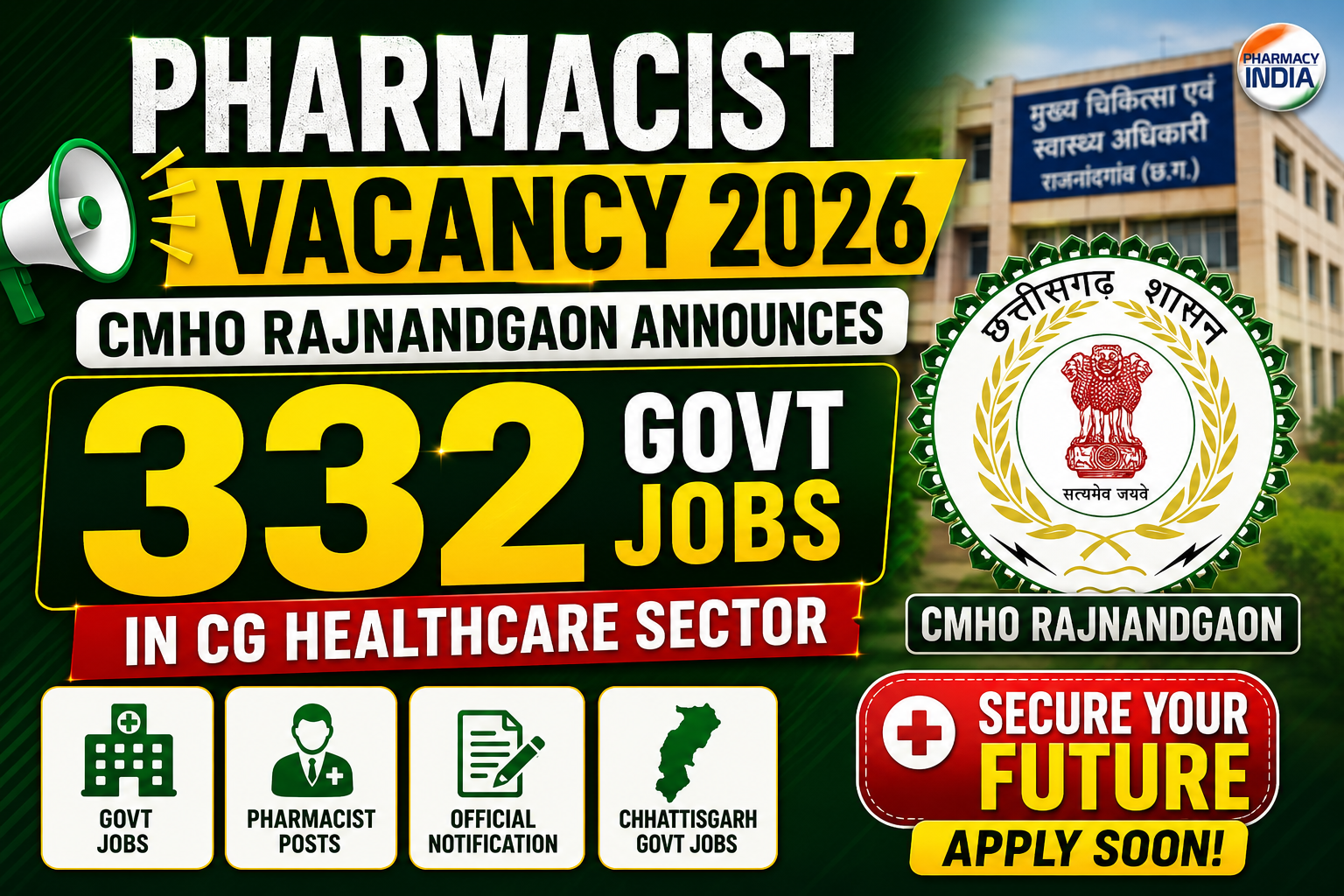 Pharmacist Vacancy 2026: CMHO Rajnandgaon Announces 332 Govt Healthcare Jobs in CG
