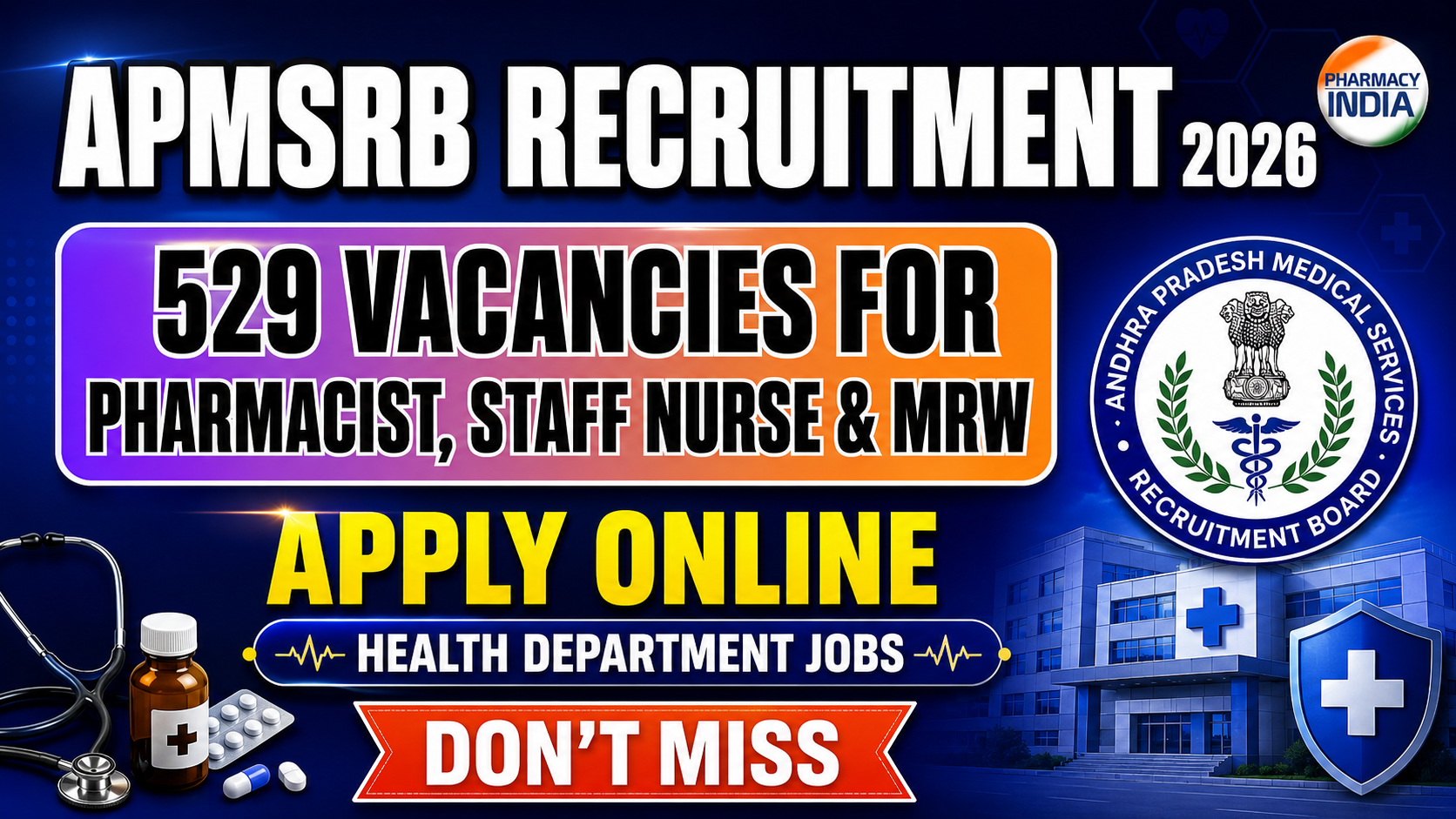 APMSRB Recruitment 2026: 529 Vacancies for Pharmacists, Staff Nurses & MRW – Apply Online