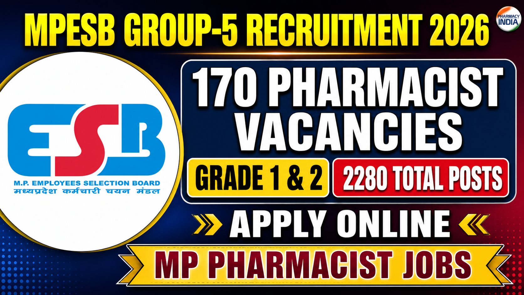 MPESB Group-5 Recruitment 2026: 170 Pharmacist Vacancies (Grade 1 & 2) – Apply Online for 2280 Total Posts