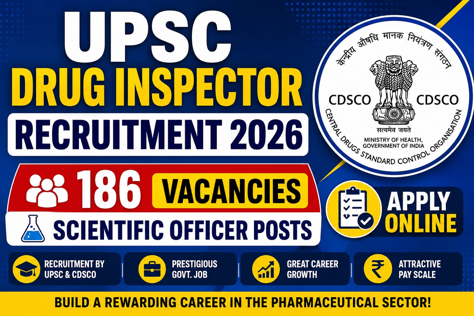 UPSC Drug Inspector Recruitment 2026: 186 Vacancies in CDSCO | Apply Online for Scientific Officer Posts