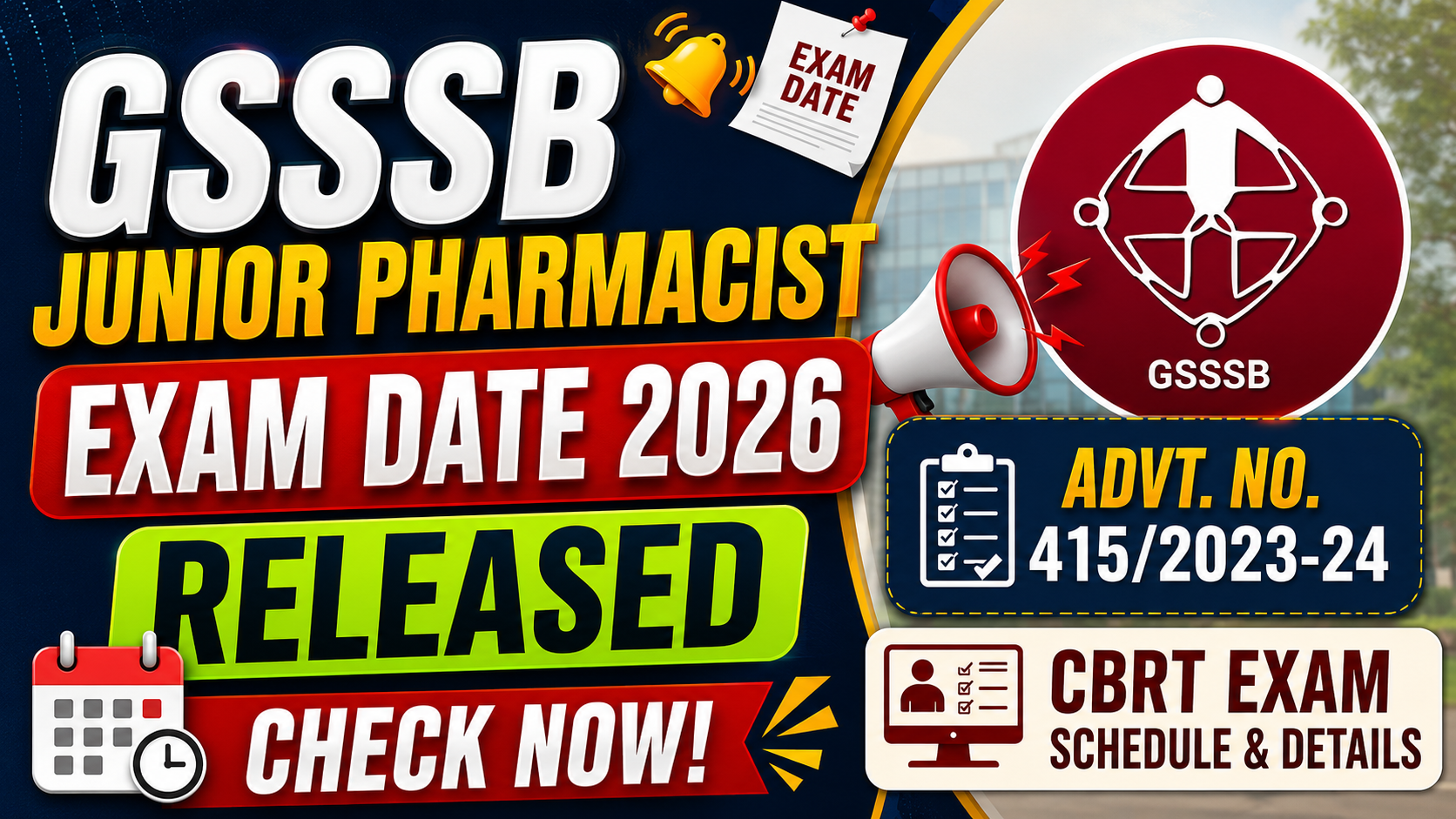 GSSSB Junior Pharmacist Exam Date 2026 Released: Check Advt 415/202324 Schedule & CBRT Details