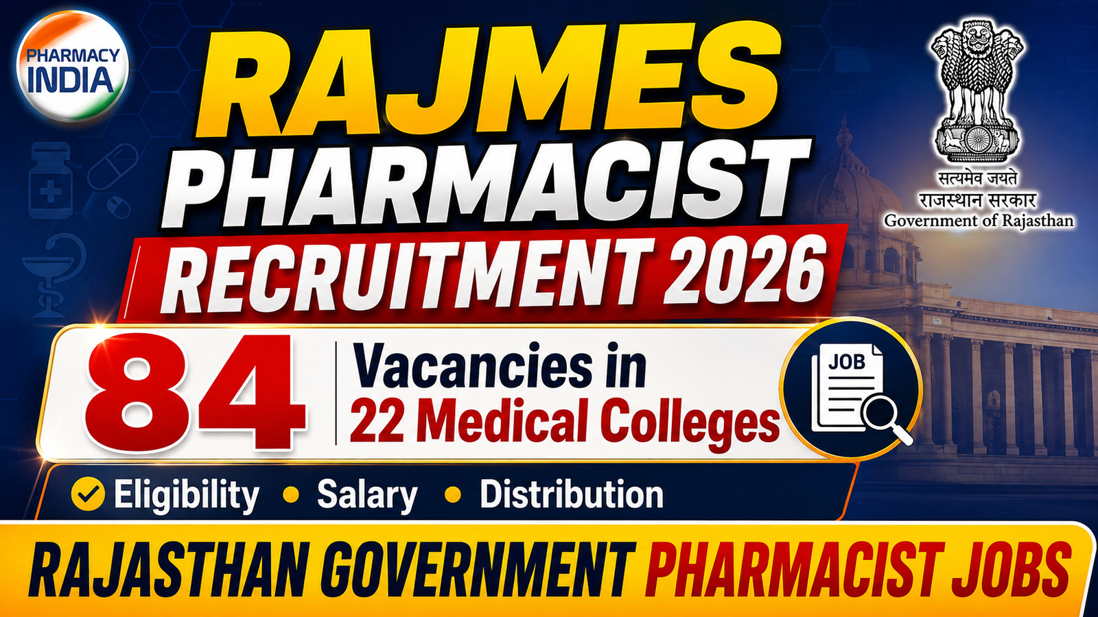 RajMES Rajasthan Pharmacist Recruitment 2026: 84 Vacancies in 22 Medical Colleges | Eligibility, Salary & Distribution