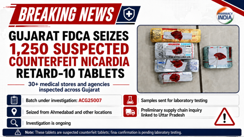 FDCA Alert: Investigation into Suspected Counterfeit Nicardia Retard 10 (Batch ACG25007) in Gujarat