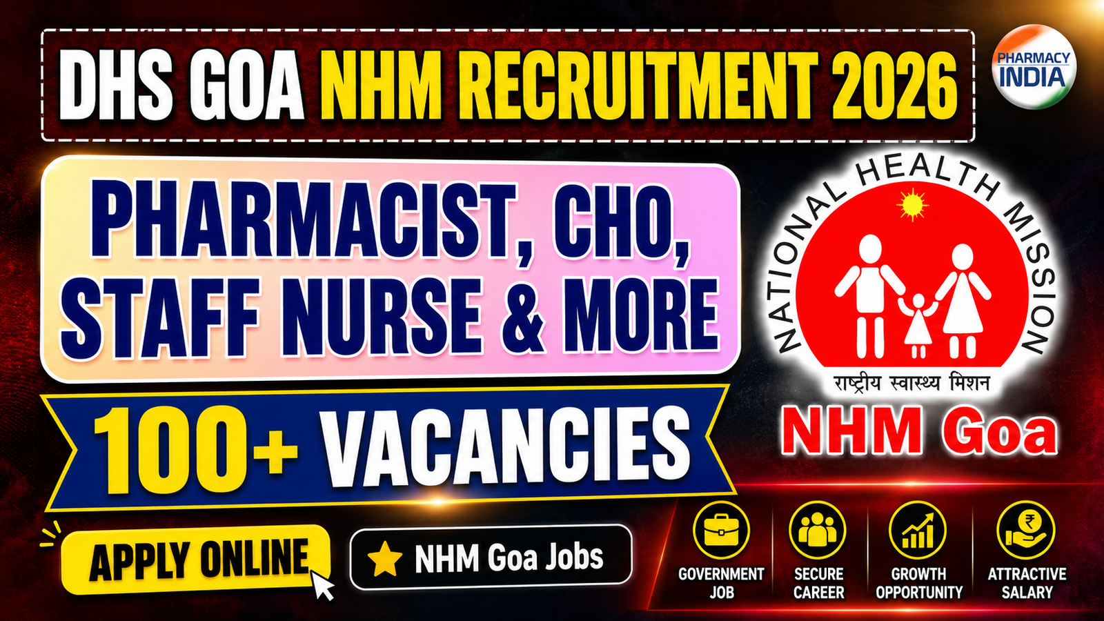 DHS Goa NHM Recruitment 2026: 100+ Vacancies for Pharmacist, CHO, Staff Nurse & More – Apply Online