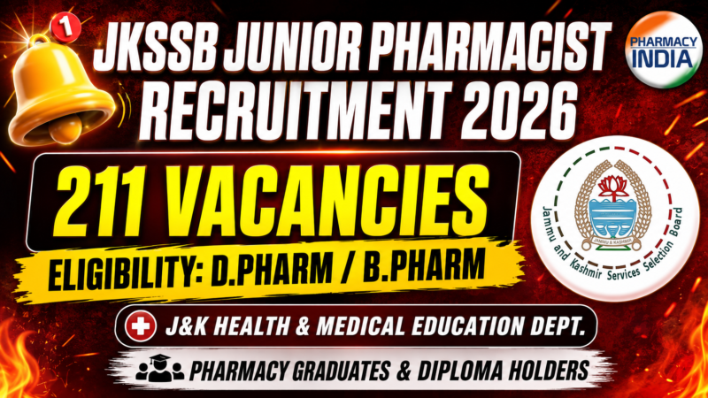 JKSSB Junior Pharmacist Recruitment 2026: 211 Vacancies for Pharmacy Graduates & Diploma Holders in J&K – Apply Online