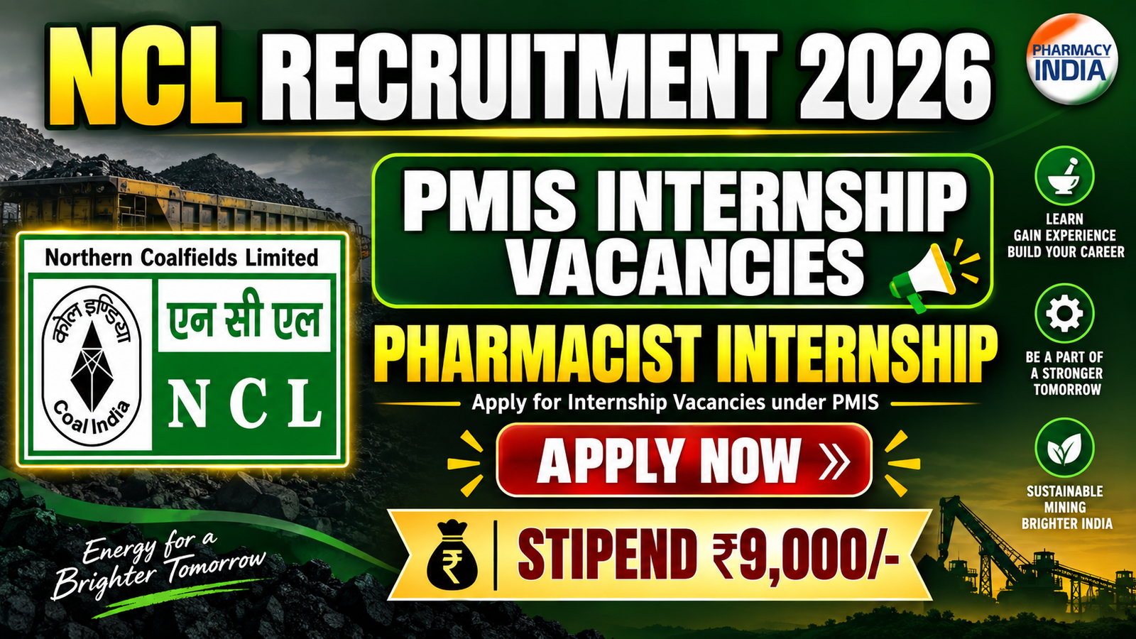 NCL Pharmacist Recruitment 2026: Apply for Internship Vacancies under PMIS | Stipend ₹9,000/-