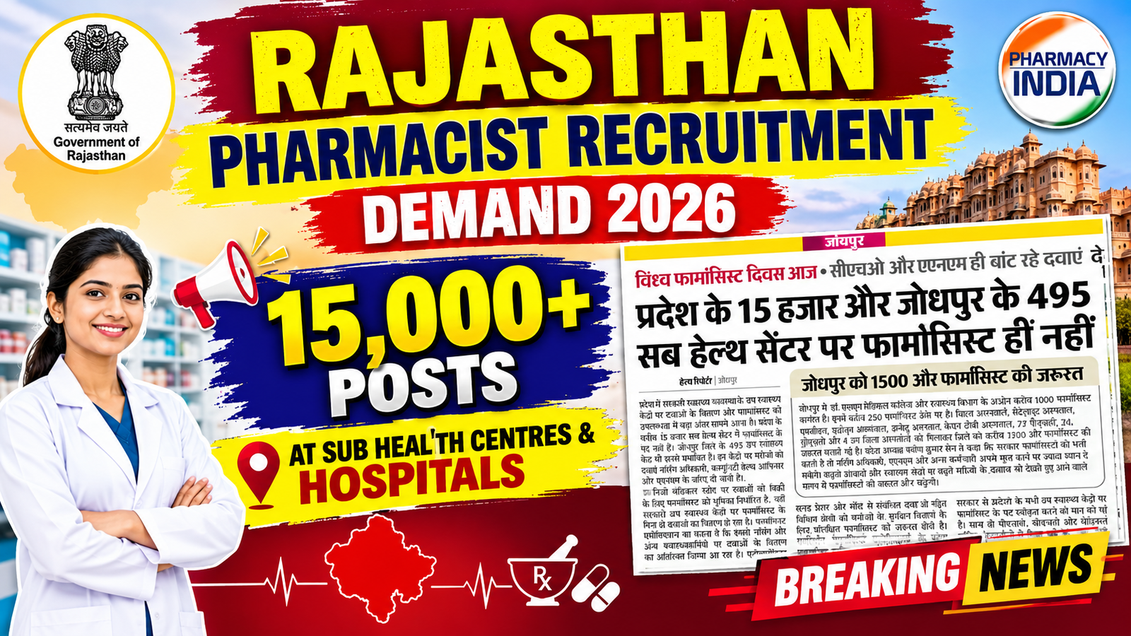 Rajasthan Pharmacist Recruitment Demand 2026: 15,000+ Posts at Sub Health Centres & Hospitals